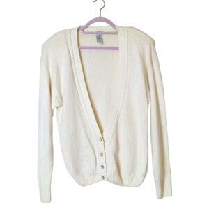 Vintage Silk Angora Lambswool Blend Cream Knit Cardigan Sweater Medium Preppy